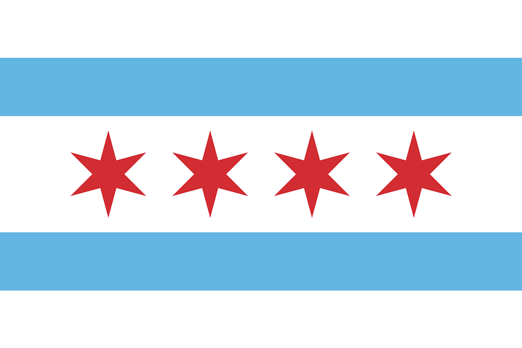 Flag of the city of Chicago, comprised of five horizontal bands, white, light blue, white, light blue, and white. The middle white band contains four six-sided red stars.